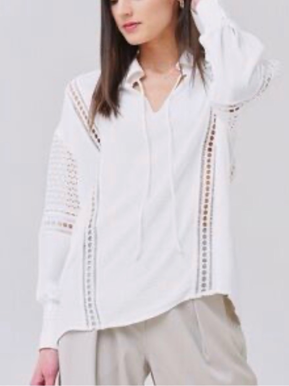 Brochu Walker Kaia Blouse Oversized White Eyelet Lace Inset Long-Sleeve Top Sz M - Picture 6 of 13